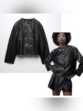 Zara Black Faux-Leather Double-Row Snap blazer Jacket Sz M pleather vegan